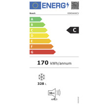 Étiquette énergétique Bosch avec la classe d''efficacité énergétique C, une consommation annuelle d''énergie de 170 kilowattheures, un volume de congélation de 328 litres et un niveau sonore de 38 décibels