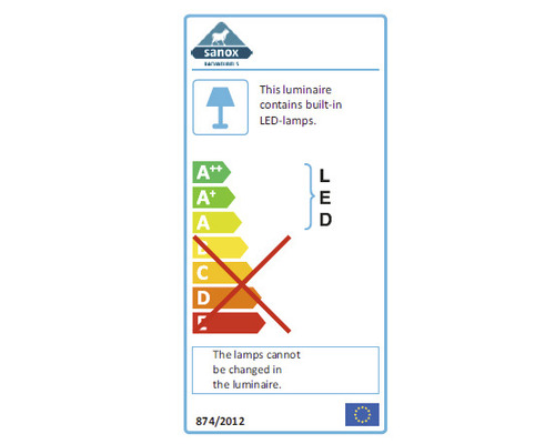 Sanox Logo. Diese Leuchte enthält eingebaute LED Lampen. Die Lampen können in der Leuchte nicht ausgetauscht werden.