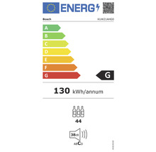 Étiquette énergétique Bosch avec classe d''efficacité énergétique G, une consommation énergétique annuelle de 130 kWh, une capacité de 44 bouteilles et un niveau sonore de 38 décibels