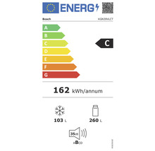 Bosch Energielabel mit der Energieeffizienzklasse C, einem jährlichen Energieverbrauch von 162 kWh, einem Gefrierfachvolumen von 103 Litern und einem Kühlfachvolumen von 260 Litern.