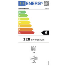 Étiquette énergétique avec classe d''efficacité énergétique G, consommation énergétique annuelle de 128 kilowattheures, capacité de stockage de 21 bouteilles et niveau sonore de 39 décibels