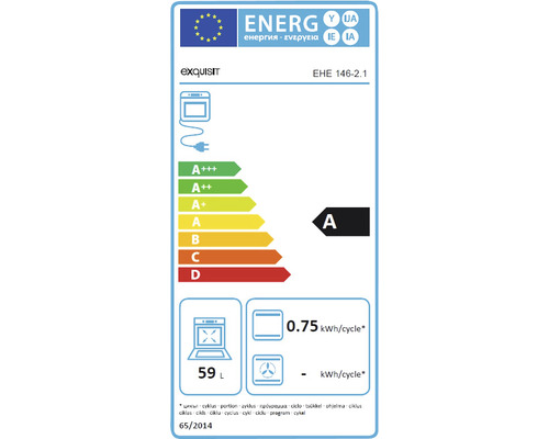Exquisit Energieeffizienzlabel für Backofen EHE 146-2.1, Energieeffizienzklasse A, 59 Liter Volumen, 0,75 Kilowattstunden pro Zyklus