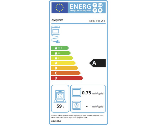 Étiquette énergétique du four Exquisit EHE 146-2.1 avec classe d''efficacité énergétique A, une consommation d''énergie de 0,75 kilowattheure par cycle et un volume de 59 litres.