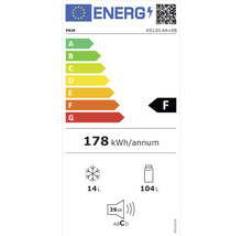PKM Energieetikett mit der Energieeffizienzklasse F, einem jährlichen Energieverbrauch von 178 kWh, einem Gefriervolumen von 14 Litern und einem Kühlvolumen von 104 Litern sowie einem Geräuschpegel von 39 Dezibel