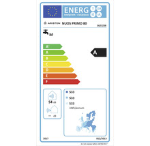 Étiquette énergétique pour Ariston NUOS PRIMO 80 avec classe d''efficacité énergétique A, niveau sonore de 54 décibels et consommation énergétique annuelle de 533 kilowattheures