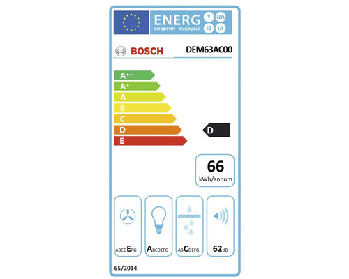 Logo Bosch classe d''efficacité énergétique D, consommation annuelle d''énergie 66 kilowattheures, niveau sonore 62 décibels