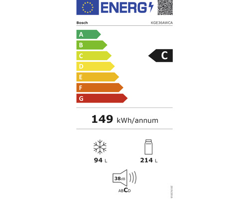 Étiquette énergie Bosch avec classe d''efficacité énergétique C, consommation énergétique annuelle de 149 kilowattheures, volume de congélation de 94 litres et volume de réfrigération de 214 litres, et niveau sonore de 38 décibels.