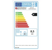 Étiquette énergétique pour le poêle Nordica Rosa XXL avec la classe d''efficacité énergétique A+ et une puissance de 8,5 kilowatts