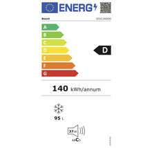 Étiquette énergétique Bosch D avec une consommation d''énergie de 140 kWh par an, un volume de congélation de 95 litres et un niveau sonore de 37 décibels