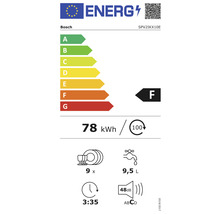 Étiquette énergie Bosch avec classe d''efficacité énergétique F, consommation d''énergie de 78 kilowattheures pour 100 cycles, capacité nominale de neuf couverts, consommation d''eau de 9,5 litres et niveau sonore de 48 décibels