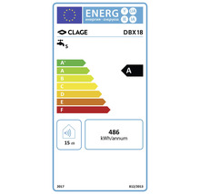 Étiquette énergétique Clage DBX18 avec classe d''efficacité énergétique A et une consommation énergétique annuelle de 486 kilowattheures