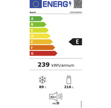 Bosch Energielabel KGN36NWEA mit Energieeffizienzklasse E, einem jährlichen Energieverbrauch von 239 Kilowattstunden, einem Gefriervolumen von 89 Litern, einem Kühlvolumen von 216 Litern und einer Geräuschentwicklung von 42 Dezibel.