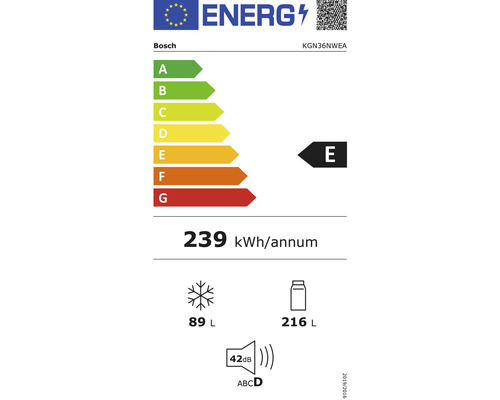 Bosch Energielabel KGN36NWEA mit Energieeffizienzklasse E, einem jährlichen Energieverbrauch von 239 Kilowattstunden, einem Gefriervolumen von 89 Litern, einem Kühlvolumen von 216 Litern und einer Geräuschentwicklung von 42 Dezibel.