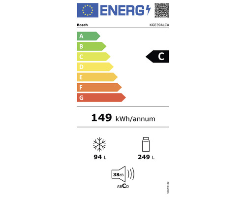Réfrigérateur-congélateur Bosch KGE39ALCA lxhxp 60 x 201 x 65 cm compartiment de réfrigération 249 L compartiment de congélation 94 L argent