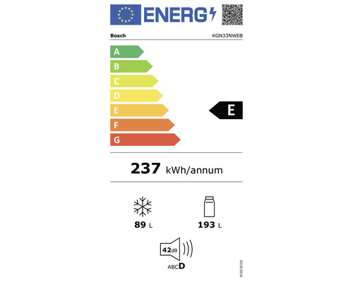 Bosch Energielabel KGN33NWEB mit Energieeffizienzklasse E, einem jährlichen Energieverbrauch von 237 Kilowattstunden, einem Gefriervolumen von 89 Litern, einem Kühlvolumen von 193 Litern und einer Geräuschemission von 42 Dezibel.