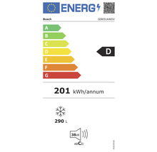 Étiquette énergétique Bosch avec classe d''efficacité énergétique D, consommation d''énergie 201 kWh par an, volume du compartiment congélateur 290 litres et émission sonore 38 décibels.
