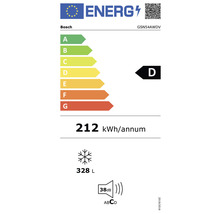 Étiquette d''efficacité énergétique Bosch avec classe d''efficacité énergétique D, consommation d''énergie annuelle de 212 kilowattheures, volume de congélation de 328 litres et niveau sonore de 38 décibels.