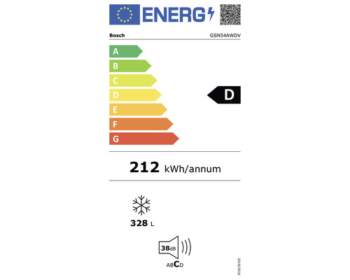 Étiquette d''efficacité énergétique Bosch avec classe d''efficacité énergétique D, consommation d''énergie annuelle de 212 kilowattheures, volume de congélation de 328 litres et niveau sonore de 38 décibels.