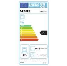 Étiquette énergétique pour le four Vestel EBO XA3-1 avec classe d''efficacité énergétique A, volume de 72 litres et consommation d''énergie de 0.81 kWh par cycle.