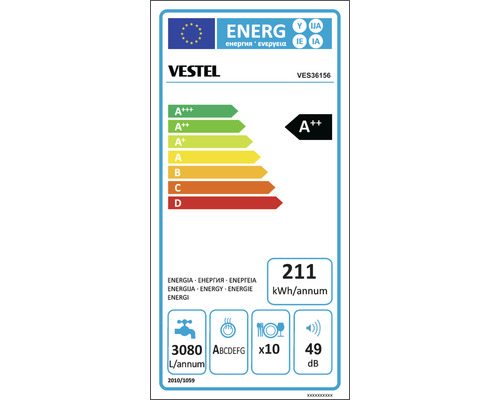 Étiquette énergétique pour un appareil ménager Vestel avec la classe d''efficacité énergétique A++.