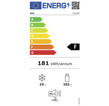 Étiquette énergétique F pour réfrigérateur PKM, consommation d''énergie 181 kWh par an, compartiment congélateur 15 litres, compartiment réfrigérateur 101 litres, niveau sonore 41 décibels, classe d''émission sonore C