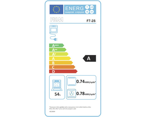 PKM F7-2S Energielabel mit Energieeffizienzklasse A, Stromverbrauch 0,74 Kilowattstunden pro Zyklus, 54 Liter Volumen