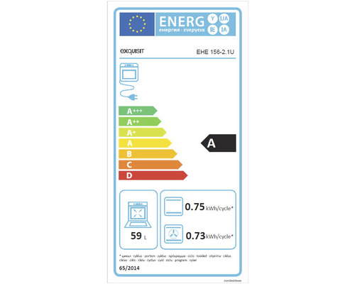 Étiquette énergétique Exquisit EHE 156-2.1U, classe d''efficacité énergétique A, consommation d''énergie 0,75 kWh par cycle