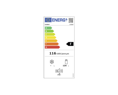 Energielabel mit Energieeffizienzklasse F, jährlichem Energieverbrauch von 116 Kilowattstunden und einem Geräuschpegel von 38 Dezibel