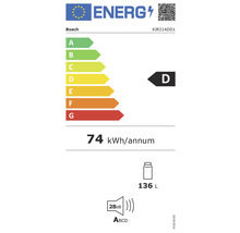 Étiquette énergétique Bosch avec classe d''efficacité énergétique D, consommation d''énergie annuelle de 74 kilowattheures, volume utile de 136 litres et émission sonore de 28 décibels