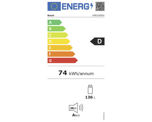 Étiquette énergétique Bosch avec classe d''efficacité énergétique D, consommation d''énergie annuelle de 74 kilowattheures, volume utile de 136 litres et émission sonore de 28 décibels