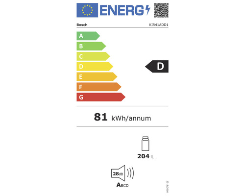 Étiquette énergétique Bosch avec classe d''efficacité énergétique D, consommation d''énergie de 81 kilowattheures par an et une capacité de 204 litres