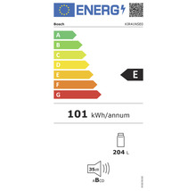 Étiquette énergétique réfrigérateur Bosch, classe d''efficacité énergétique E, consommation électrique 101 kilowattheures par an, volume utile 204 litres, niveau sonore 35 décibels