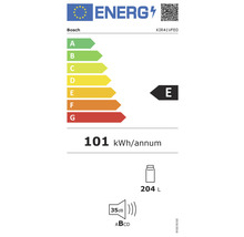 Étiquette énergétique Bosch avec classe d''efficacité énergétique E, consommation annuelle d''énergie de 101 kilowattheures, capacité de 204 litres et un niveau sonore de 35 décibels