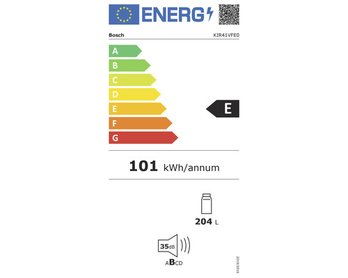 Étiquette énergétique Bosch avec classe d''efficacité énergétique E, consommation annuelle d''énergie de 101 kilowattheures, capacité de 204 litres et un niveau sonore de 35 décibels
