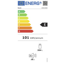 Étiquette énergétique Bosch avec classe d''efficacité énergétique E, consommation énergétique annuelle de 101 kilowattheures, volume de 204 litres et niveau sonore de 35 décibels.