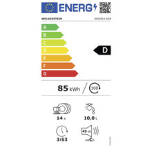 Étiquette énergétique WOLKENSTEIN avec classe d''efficacité énergétique D, consommation d''énergie 85 kilowattheures par 100 cycles, 14 couverts, consommation d''eau 10,0 litres, durée du programme 3 heures 53 minutes et émission sonore 49 décibels