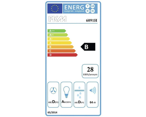 PKM Logo Energieeffizienzklasse B, Energieverbrauch 28 Kilowattstunden pro Jahr, Geraeuschpegel 64 Dezibel