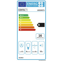 Energielabel mit der Energieeffizienzklasse B, einem jährlichen Energieverbrauch von 16 kWh und einem Geräuschpegel von 52 dB