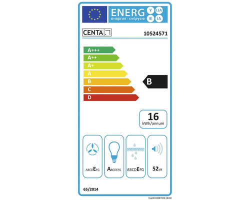 Energielabel mit der Energieeffizienzklasse B, einem jährlichen Energieverbrauch von 16 kWh und einem Geräuschpegel von 52 dB