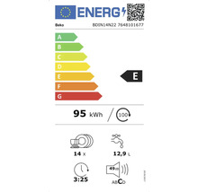 Beko Energielabel mit Energieeffizienzklasse E, Energieverbrauch 95 kWh pro 100 Spülgänge, 14 Maßgedecke, Wasserverbrauch 12,9 Liter, Programmdauer 3:25 Stunden, Geräuschpegel 49 Dezibel