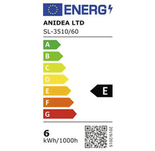 Étiquette énergétique E pour ANIDEA LTD SL-3510/60 avec une consommation de 6 kWh/1000h.