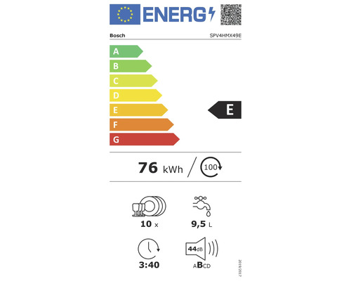 Étiquette énergétique E pour lave-vaisselle Bosch