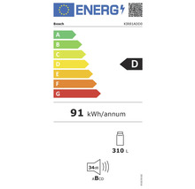 Étiquette énergétique Bosch avec classe d''efficacité énergétique D, consommation annuelle d''énergie de 91 kilowattheures et un volume de 310 litres.