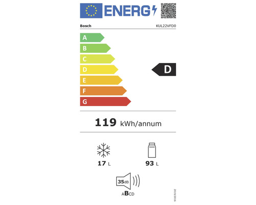 Étiquette énergétique Bosch D avec une consommation d''énergie de 119 kWh par an.