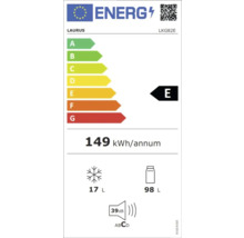 Energielabel Laurus: Energieeffizienzklasse E, jährlicher Energieverbrauch 149 kWh, Gefrierfach 17 Liter, Kühlfach 98 Liter, Geräuschentwicklung 39 Dezibel