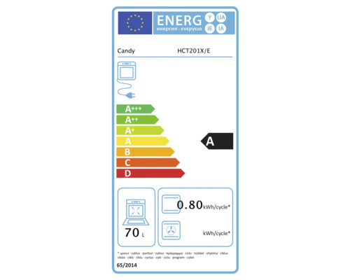Candy HCT201X/E Energieetikett mit der Energieeffizienzklasse A, 70 Liter Volumen und einem Verbrauch von 0,80 Kilowattstunden pro Zyklus