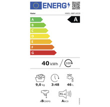 Étiquette énergétique A de Haier pour lave-linge HW91-NBP14939 avec 40 kWh pour 100 cycles de lavage, capacité de 9 kilogrammes, durée de programme de 3 heures 48 minutes et consommation d''eau de 46 litres