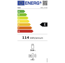 Étiquette énergétique Haier avec classe d''efficacité énergétique E, consommation énergétique annuelle de 114 kilowattheures, capacité de 316 litres et niveau sonore de 39 décibels