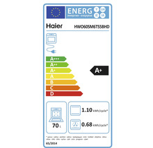 Étiquette énergétique Haier pour le four HWO60SM6TS5BHD, classe d''efficacité énergétique A+, volume de 70 litres