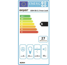 Energielabel für Exquisit UBH 08-2.2 Dunstabzugshaube im Edelstahl Look, Energieeffizienzklasse B, jährlicher Energieverbrauch 27 Kilowattstunden, Geräuschentwicklung 65 Dezibel